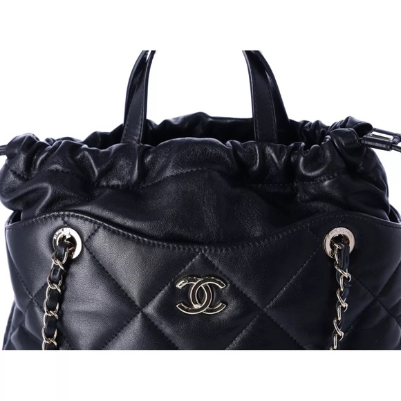 Chanel Lambskin Quilted Small Drawstring Shopping Bag Black - Picture 13 of 14